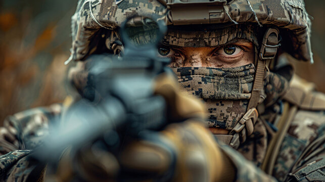 Frontline battle with a commando in military camouflage, ready for engagement