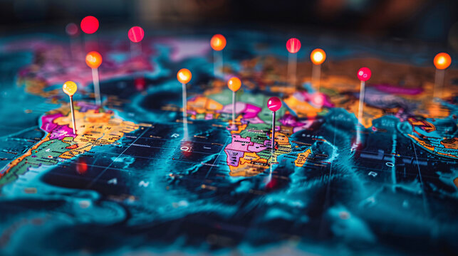 Global map with pins indicating vaccination sites, emphasizing worldwide health initiatives