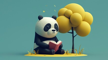  an adorable panda reading a book under a tree
