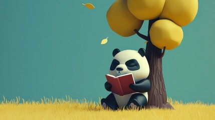  an adorable panda reading a book under a tree