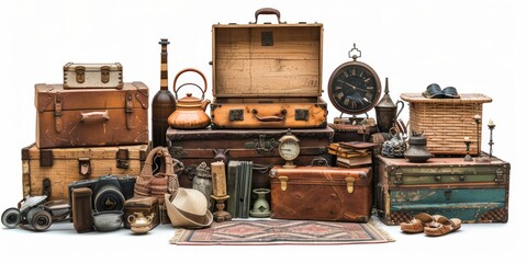 Weekend flea market with antiques and vintage items, showcasing the eclectic and diverse urban lifestyle, isolated white background, copy space