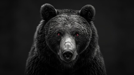 Fototapeta premium Frontal view of a brown bear isolated on a black background. Black and white portrait of a Kamchatka bear with red eyes