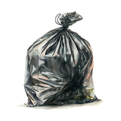 black garbage bag full and tied watercolor isolated white on background