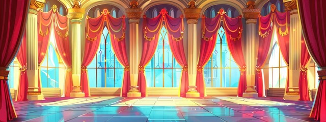 Fototapeta premium A ballroom in a medieval castle with stained glass windows, and rich decor.