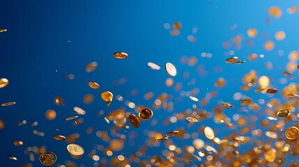 Coins flying in various directions with a blue and gold background