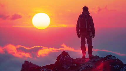 Inspirational quote with a silhouette of a climber at sunset, symbolizing perseverance and success