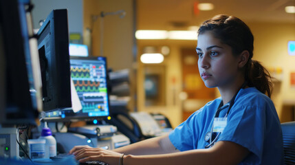 Registered nurse working at a computer station in a hospital monitoring patient data