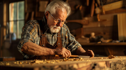 Woodworker measuring and marking wood with precise tools, focused on accuracy in a sunlit workshop.