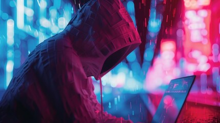 Portrait of a hooded hacker working on a laptop against a futuristic neon background