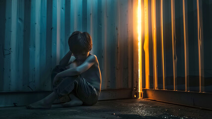 In a dimly lit room, an alone child sits on the floor. A bright light seeps through a door, evoking poignant and emotional feelings in a scene of solitude