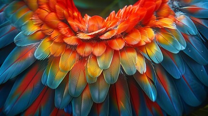 Fototapeta premium The vibrant and chaotic pattern of a tropical bird's plumage, with bright colors and intricate feather arrangements for a lively and exotic texture. shiny, Minimal and Simple,