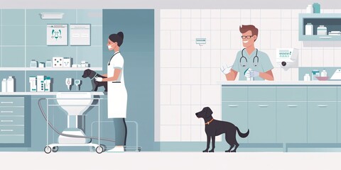 An illustration of a modern vet clinic environment where vets treat dogs using advanced medical equipment. Professional pet care is provided in this animal hospital setting