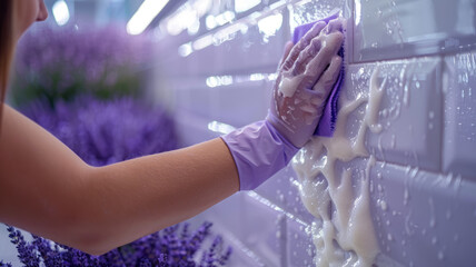 A woman cleaning tiles with a sponge and soap