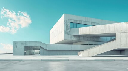 Futuristic concrete buildings in front of a blue sky. Modern architecture