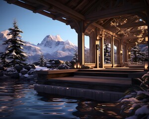 Mountain landscape with wooden gazebo and lake. 3d rendering - Powered by Adobe