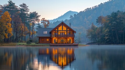 Obraz premium Nestled amidst a stunning landscape by a peaceful lake, a rustic wooden house embodies the serene beauty of rural waterside living.