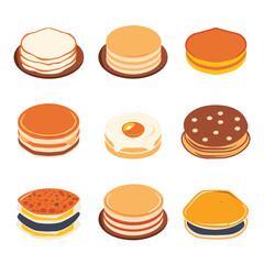 Assorted flat design pancakes vector set isolated white background. Stacks flapjacks, plain, syrup, butter, fried egg toppings cartoon. Delicious breakfast, sweet dessert collection illustration