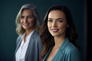 portrait of smiling young businesswoman with mature businesswoman in background