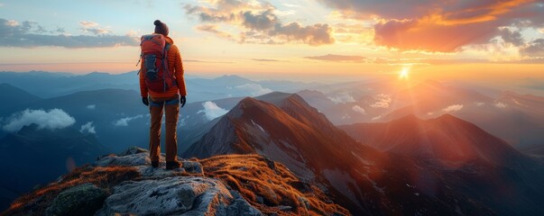 Solo camper watching the sunrise from a mountain peak, representing the serenity and excitement of...