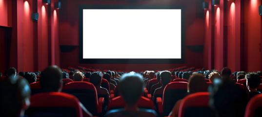 Empty movie theater screen awaits projection above audience ready for entertainment promotion or.