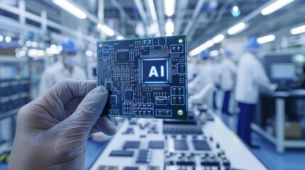 A high-tech industrial plant serves as the backdrop as an engineer holds a computer microchip, symbolic of innovative AI chip manufacturing.