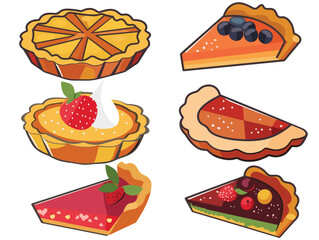 Cartoon desserts featuring various fruit pies slices, colorful appealing food recipe websites. Collection sweet pie illustrations includes apple pie, berry slice, lemon tart, pumpkin piece