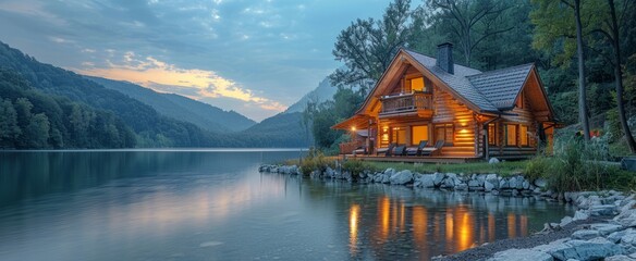 Fototapeta premium A picturesque lakeside scene features a cozy wooden house, nestled amidst stunning natural beauty, epitomizing idyllic and serene country living.