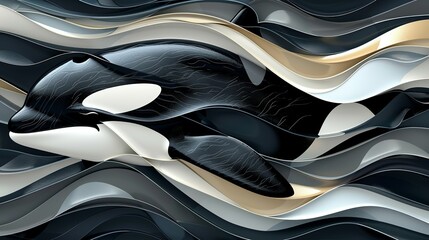Abstract illustration of orca skin, highlighting the distinct black and white patterns and smooth texture for a bold and marine-themed background. shiny, Minimal and Simple,