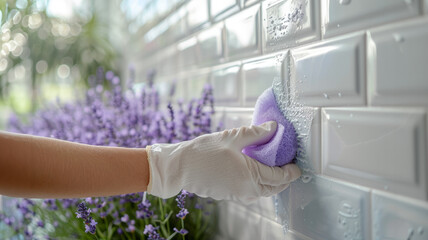 Hand in glove cleaning tiled wall with a sponge, lavender flowers in view.