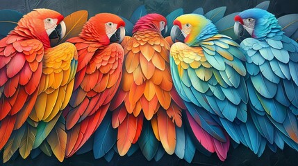 Fototapeta premium Artistic depiction of parrot feathers, featuring their vibrant, multi-colored hues and intricate patterns, perfect for a lively and exotic background. shiny, Minimal and Simple,