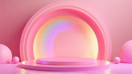 Obraz premium Cute podium with rainbow light and holographic background for product presentation, illustration design.