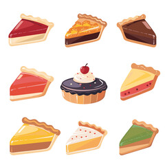 Assorted slices pie tart desserts vector illustration. Collection sweet pies featuring different fillings toppings, isolated white background. Colorful cartoon style dessert graphics perfect bakery