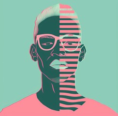 Minimalistic graphic design of an African man with glasses and striped overlay on pastel background