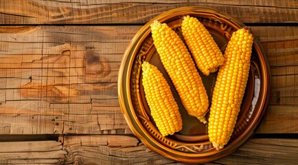 Plate of corn cobs on a wooden table, top view.