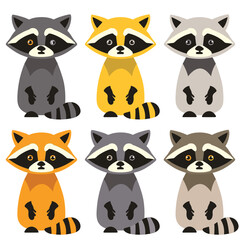 Six cartoon raccoons different fur colors expressions. Cute raccoon illustrations sitting, looking sad curious. Collection playful raccoon characters, perfect childrens book