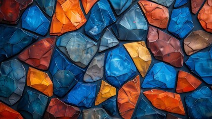 Abstract background of different shades of blue, orange and red in the form of geometric shapes made from colorful stones