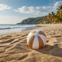 Obraz premium A light brown and white inflatable beach ball rests on the pristine sand, while the background hints at a breathtaking vacation destination