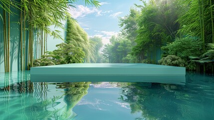 A rectangular pastel turquoise podium set against a backdrop of bamboo leaves, with a shallow pool of water reflecting the greenery and sky above. shiny, Minimal and Simple,