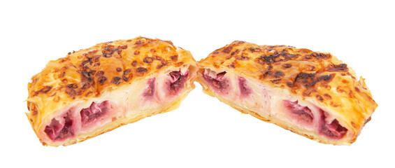 Sour cherry pie on white background