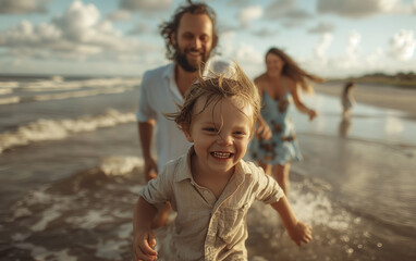 Family enjoying their vacation, playing on the beach with their children