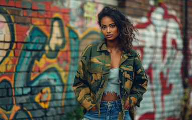 Young urban woman posing with graffiti background