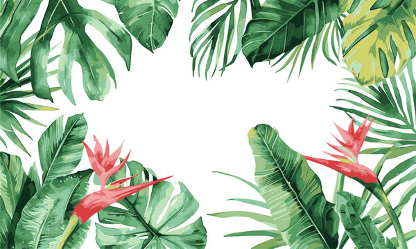 Watercolor frame featuring tropical hibiscus flowers and palm leaves on transparent background. Vector EPS 10