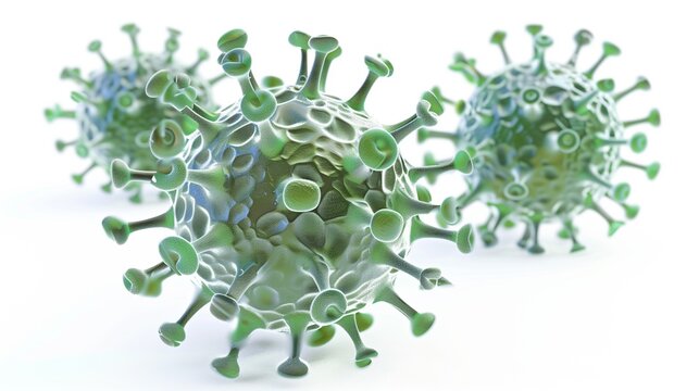 Adeno-associated virus (AAV), 3d illustration, white background. A highly detailed and realistic 3D rendering of the Adeno-associated virus (AAV), showcasing its intricate capsid structure