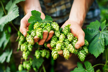Farmer holding bunches of hops in his hands. Brewery, beer and Oktoberfest concept