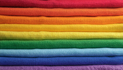 Sweaters made of knitted fabric in rainbow colors. Abstract background.