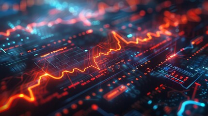 Dynamic digital display with glowing financial data charts