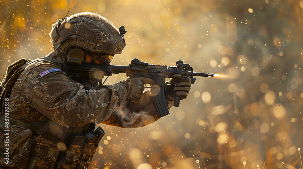 Poster Soldier in camouflage uniform, firing a gun in a battlefield