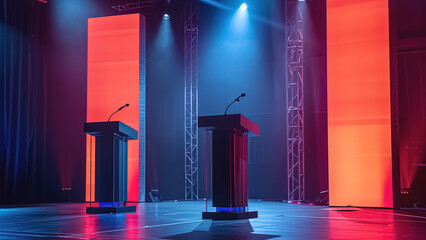 Podiums, microphones, blue and red lights set a professional atmosphere on the debate stage for speakers, offering a wellequipped space for presentations