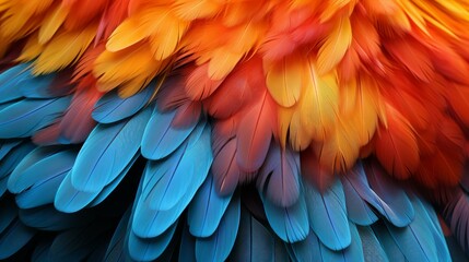 Obraz premium Vivid and exotic closeup of colorful parrot feathers, showcasing unique textures. Perfect for bird lovers and nature enthusiasts.