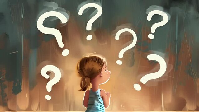 A girl looking at question marks in an abstract background